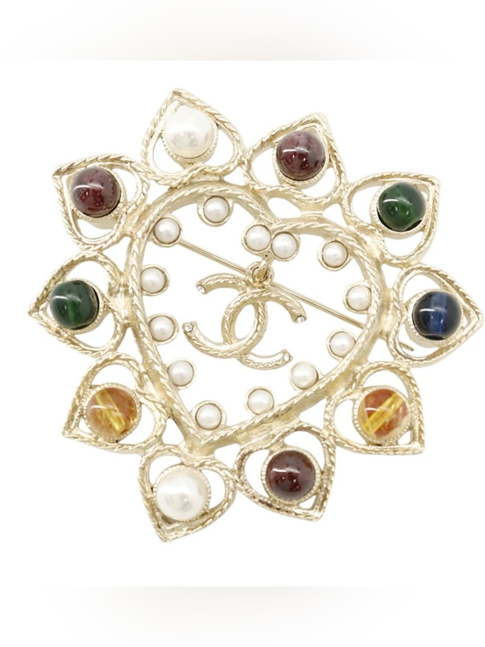 CHANEL CC Logo Color Stone Brooch Champagne Gold Plated